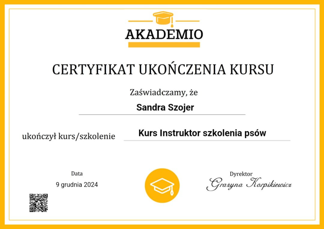 Certyfikat ukończenia kursu instruktora szkolenia psów dla Sandry Szojer.