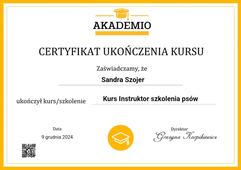 Certyfikat ukończenia kursu instruktora szkolenia psów dla Sandry Szojer.