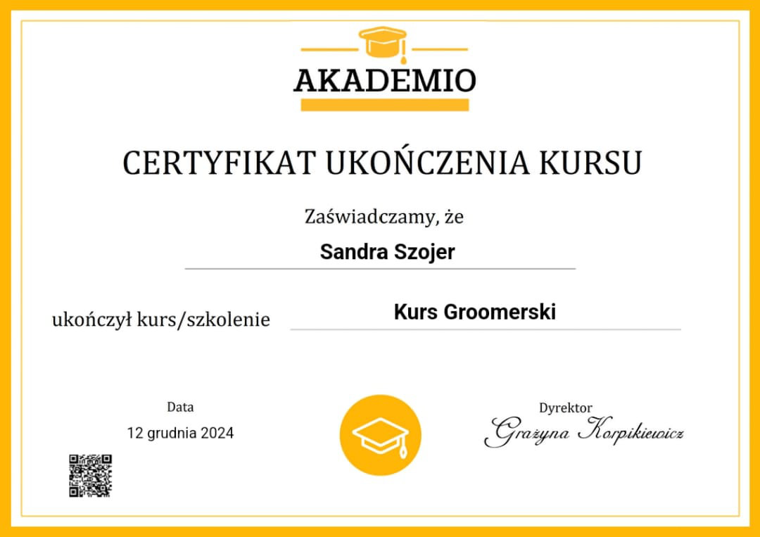 Certyfikat ukończenia kursu groomerskiego dla Sandry Szojer.