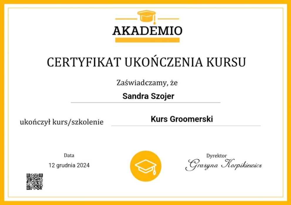 Certyfikat ukończenia kursu groomerskiego dla Sandry Szojer.